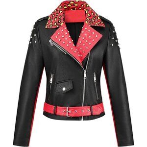 Women Faux Leather Motorcycle Jacket Red Black Stand Collar with Pockets Coat
